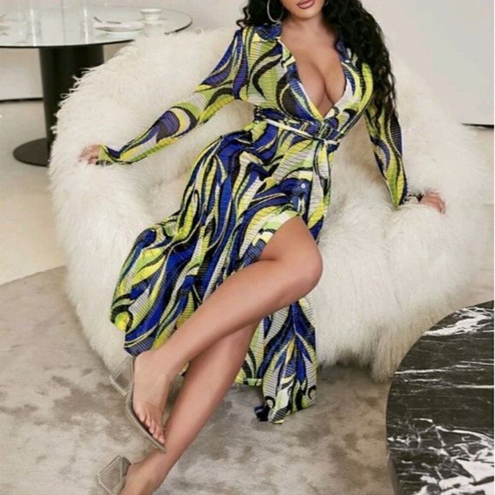 ALL OVER PRINT DEEP V BOHEMIAN SHIRT DRESS